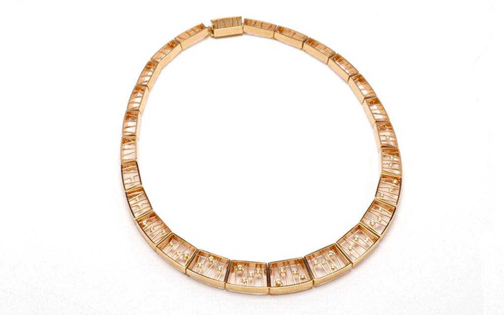 8097N - 14 karat gold link necklace with integrated safety clasp. Set with 1.00cttw. Diamonds (82.4g) Price Upon Request