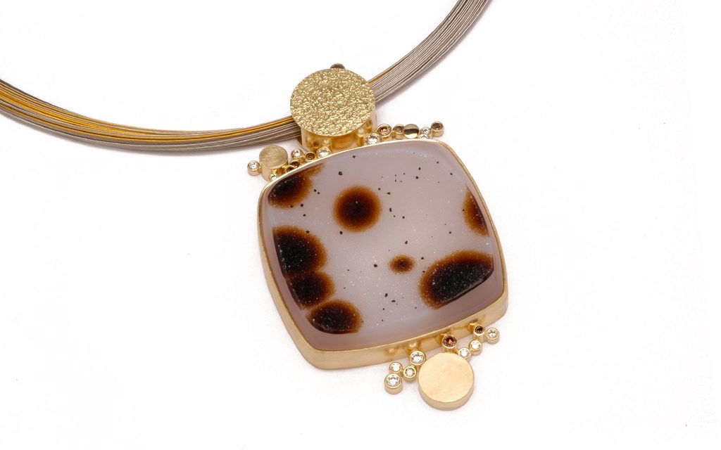 8102N - One of a kind pendant constructed of 18 karat gold set with a Montana Druzy Agate and .72cttw. Cognac and White Diamonds (15.1g) Price Upon Request