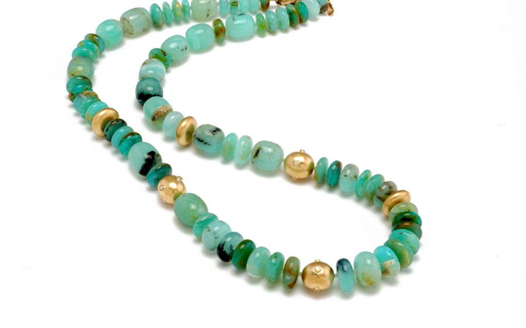 8103N - Necklace of fine Peruvian Opal beads with accents of 18 karat gold beads and .24cttw. Diamonds (23.8g) Price Upon Request