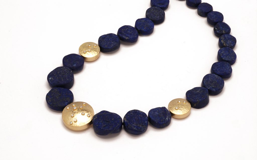 8104N - Necklace of rough Lapis with 18 karat gold hollow formed beads and .32cttw. Diamonds (16.2g) Price Upon Request